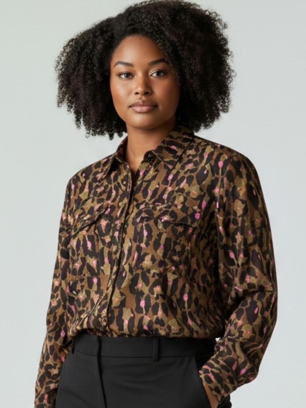 Diane Von Furstenberg Olive, Black & Pink Leopard Print Top